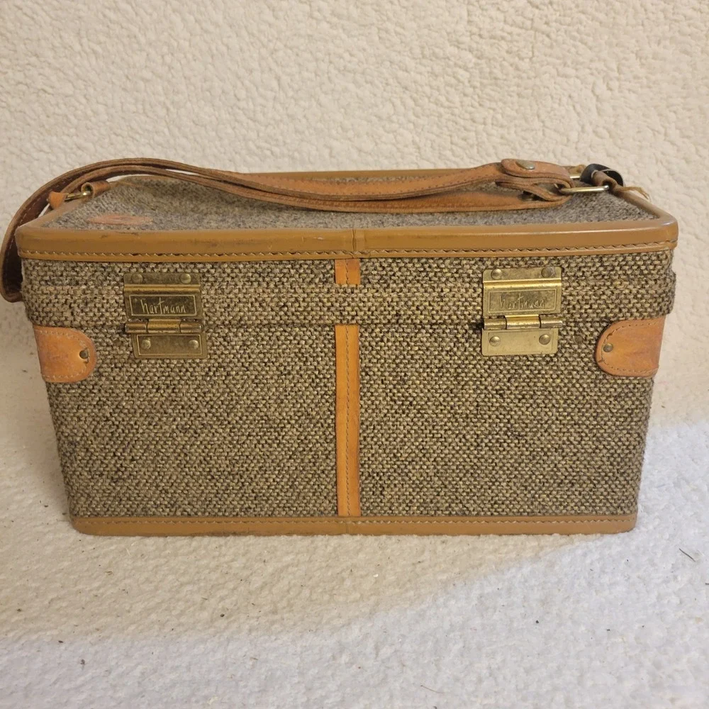 Vintage Hartmann Tweed Belting Leather Train Case Vanity Makeup Box Tan Brown